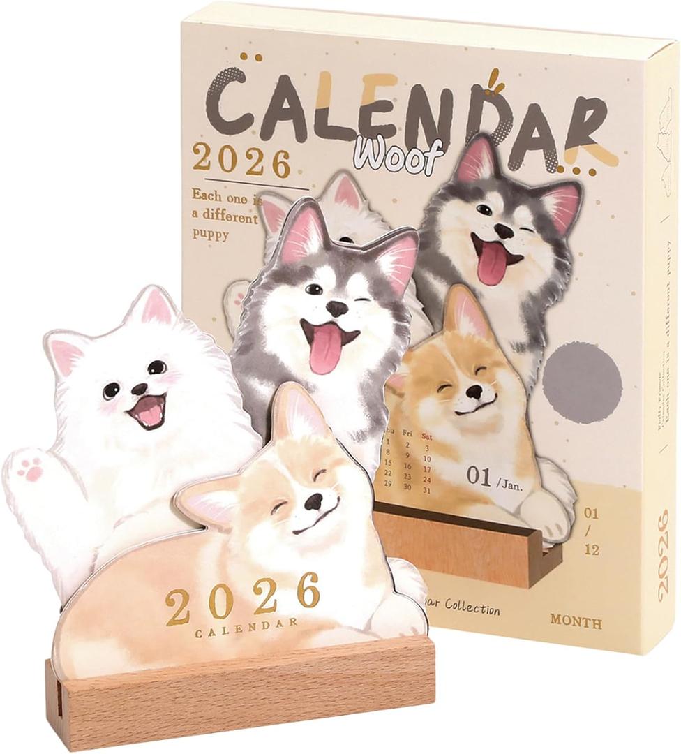 2026 Desk Calendar with Dog & Kitten Themes | Stand-up Wooden Base | Monthly Planner for Office, School, Home | Pet Lovers Gift (Multicolored Dog)