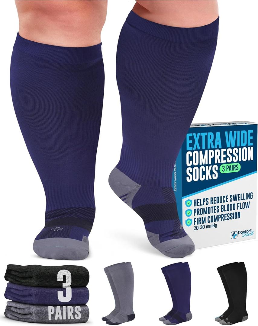 Doctor's Select 3 Pairs Plus Size Compression Socks Wide Calf - Up to 6XL | 20-30 mmHg Compression Socks for Women Wide Calf Soreness Support | Black, Gray, Navy, 3xl