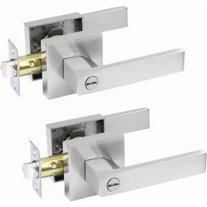 JO.KO 2 Pack Keyless Entry Door Lock, Square Door Lever for Bedroom, Passage Door Privacy Locking Interior/Exterior Entry Door Knob/Heavy Duty (Satin Nickel Keyless)