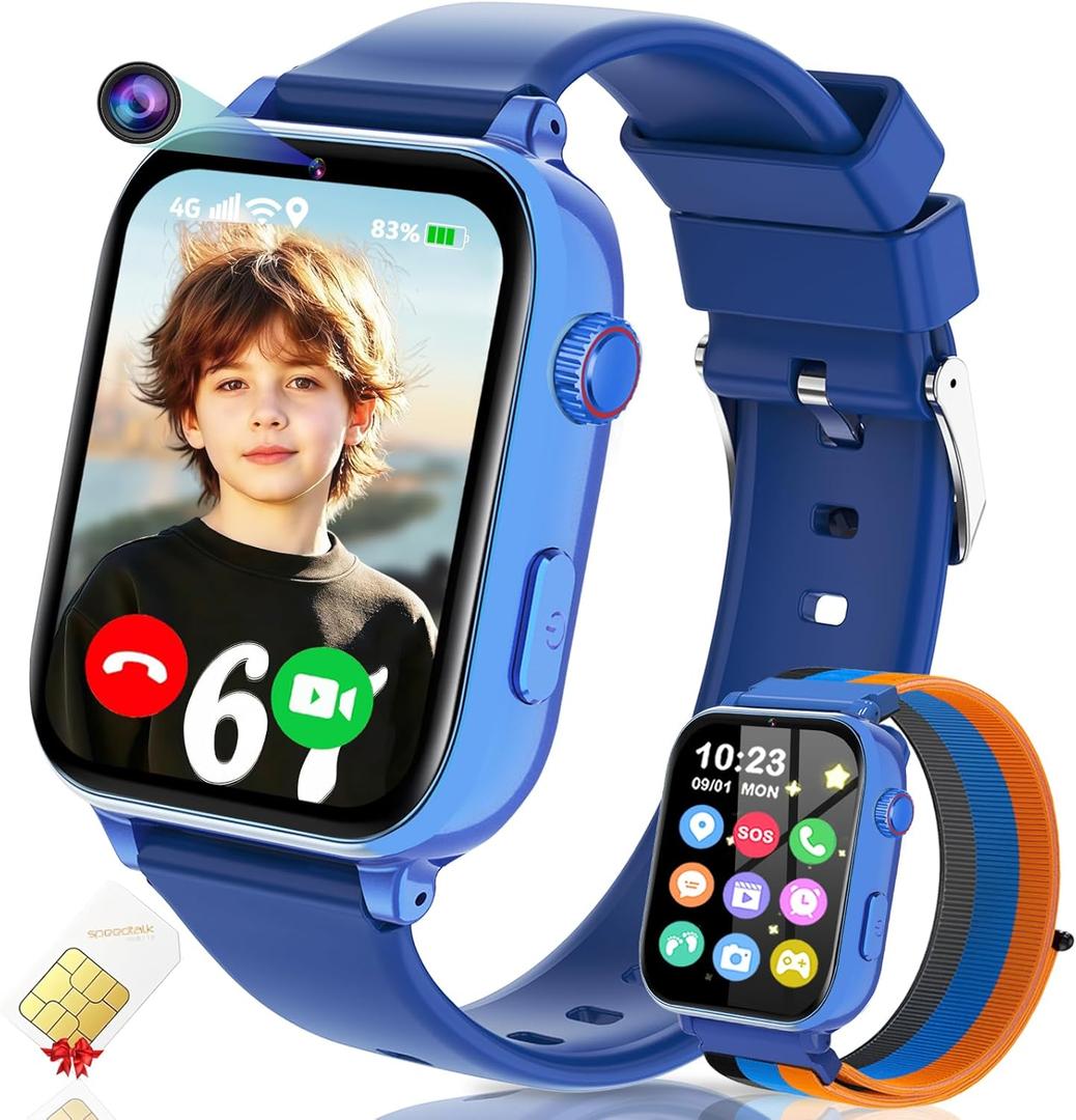 4G Kids Smart Watch GPS Tracker, Smartwatch for Kid with Video Calling, Voice Chat, Class Mode, SOS , Pedometer, Alarm, Games, SIM Card HD Touch Screen Phone Watch Gift for 4-12 Girls Boys, Blue