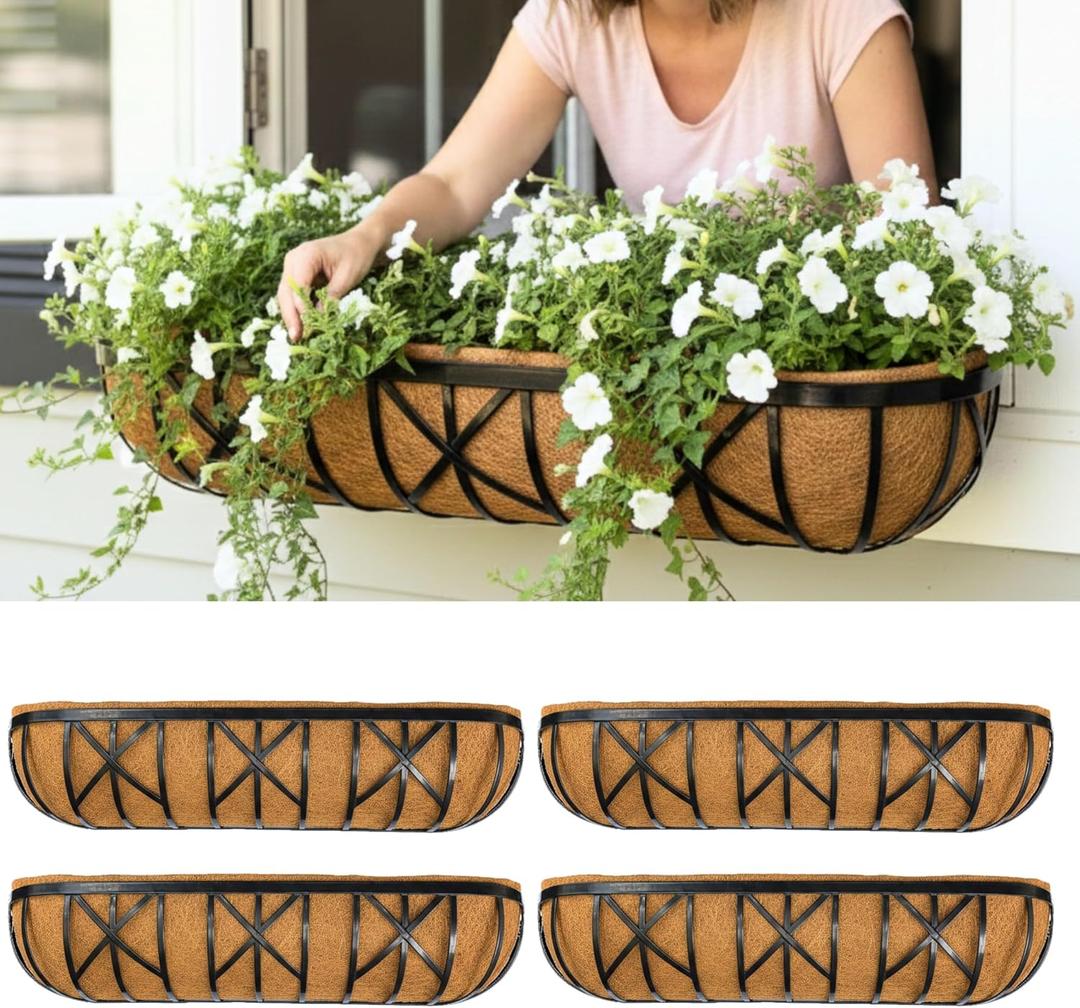 LaLaGreen 36 Inch, 4 Pack Window Boxes Planters – Large Black Metal Window Boxes for Outdoor Plant, Wall Mount Flower Pot with Coco Liner, Attach to House Fence Balcony Herb for Patio Porch Garden