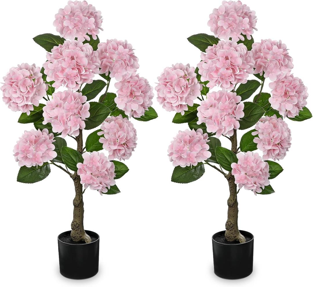 3FT Pink Hydrangea Artificial Flowers Tree Large Real Touch Faux Silk Hydrangea Plants Potted Fake Flower in Black Pot for Home Indoor Outdoor Front Porch Garden Entrance Living Room Decor, 2 Pack