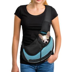 YUDODO Pet Sling Carrier for 2-5 lbs Small Dogs & Cats  Hands-Free Puppy Carrier with Safety Hook, Large Zipper Pocket, Soft Breathable Mesh, Adjustable Strap & Reflective Strip (Cyan 3.0 S)