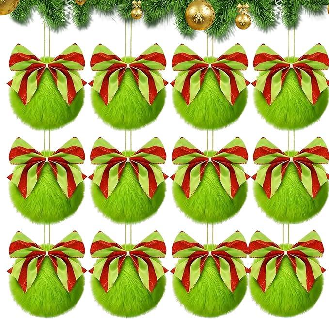 12PCS Lime Green Furry Christmas Ball Ornaments Xmas Tree Decorations Green Faux Fur Bow Hanging Balls for Home Wreath Fireplace Wall Holiday Party