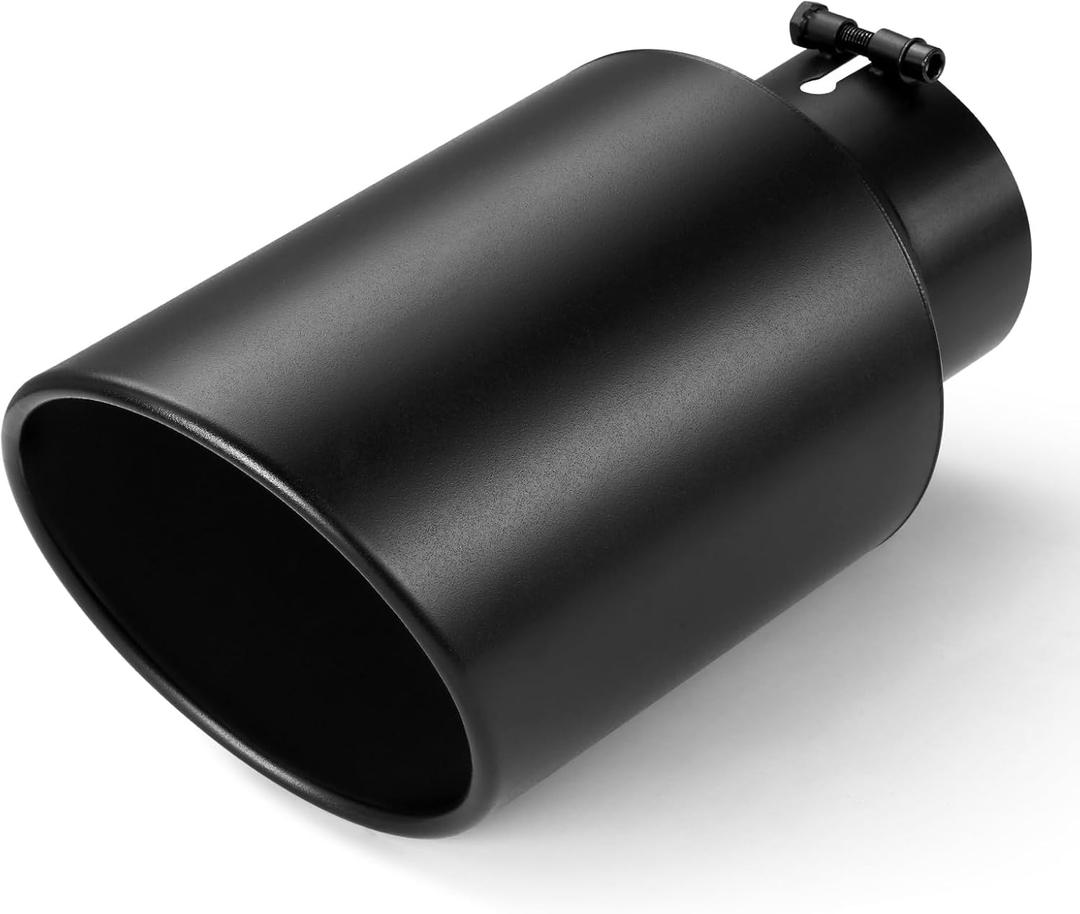 Exhaust Tip 5" Inlet 8" Outlet 15" Long, High Performance Stainless Steel, Peel-Resistant Black Powder Coated, Rolled Angle Cut, Bolt-On Diesel Tail Pipe, Universal for Car Truck