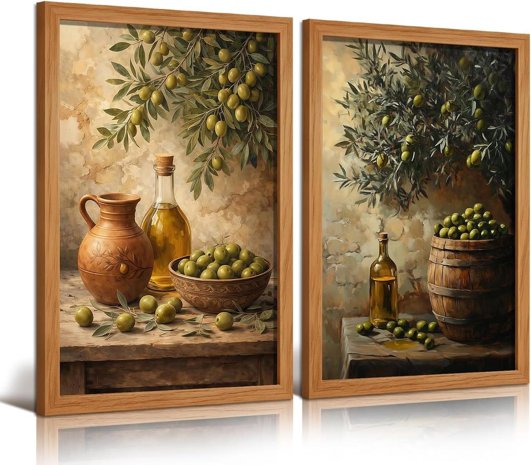 RQDJH 2Pcs Wood Framed Retro Olive Kitchen Wall Art, 16x24 Inch
