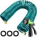 Pangda 100 Ft x 3/8'' Coil Garden Hose EVA Recoil Garden Self Coiling Expanding Water Hose with 6 Function Spray Nozzle Universal 3/4'' Brass Connector Fitting for Outdoor Yard(Green)