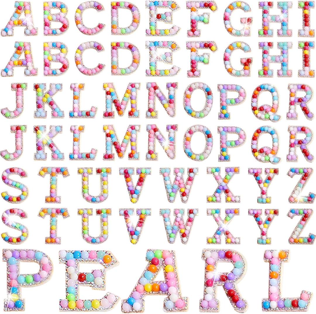 52 Pcs Self Adhesive Pearl Rhinestone Letter Patches Rhinestone A-z Glitter Pearl Sew on Patches Bling Letter Sticker Appliques Fabric Craft for DIY Clothes Bags Hats(Cute Style)