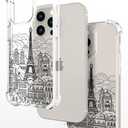 Hungo Compatible for iPhone 16 Pro Max Case, Thin Slim Cute Girly Skin Cases Protector with Airbag Bumper for Women Girls (Clear Eiffel Tower Paris)