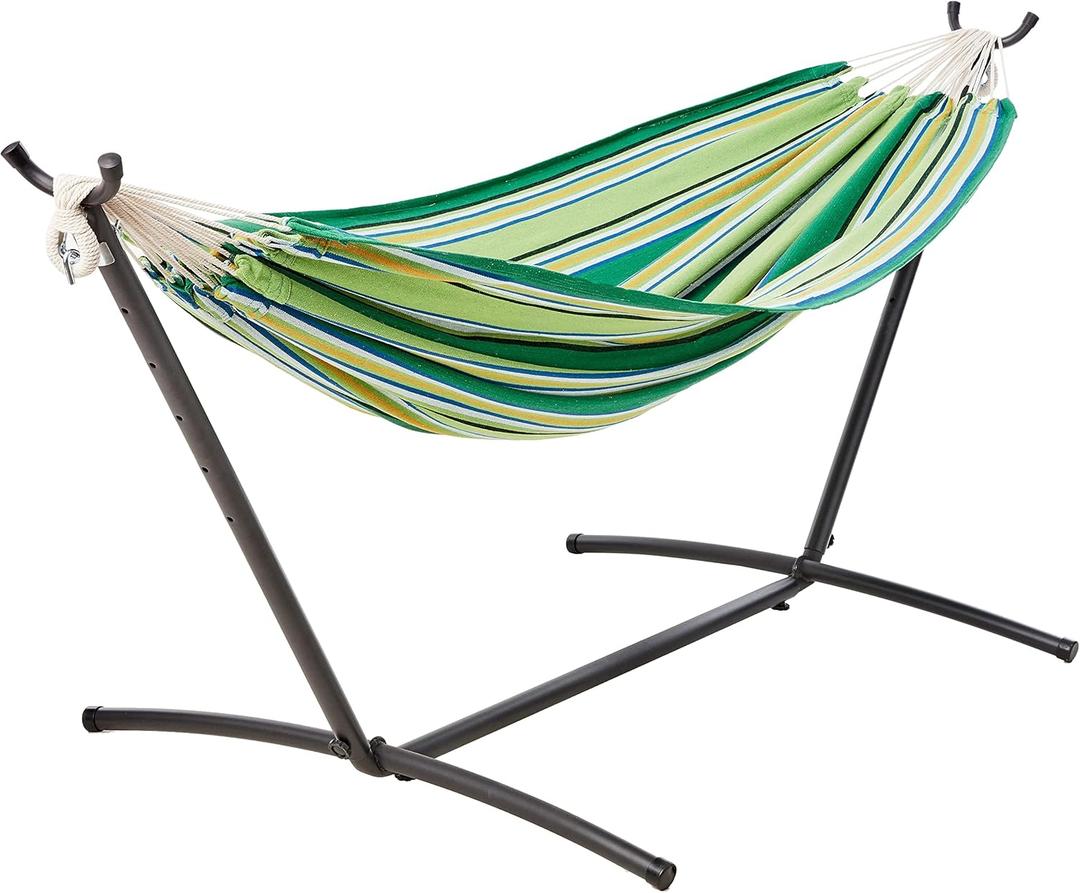Amazon Basics Double Hammock with 9-Foot Space Saving Steel Stand and Carrying Case, 450 lb Capacity, Vigor Green, 110" x 47" x 43"