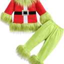 Nicoxijia Toddler Baby Boys Girls Christmas Cosplay Monster Costume Outfits Green Furry Santa Long Sleeve Tops and Pants Set (2-3T)