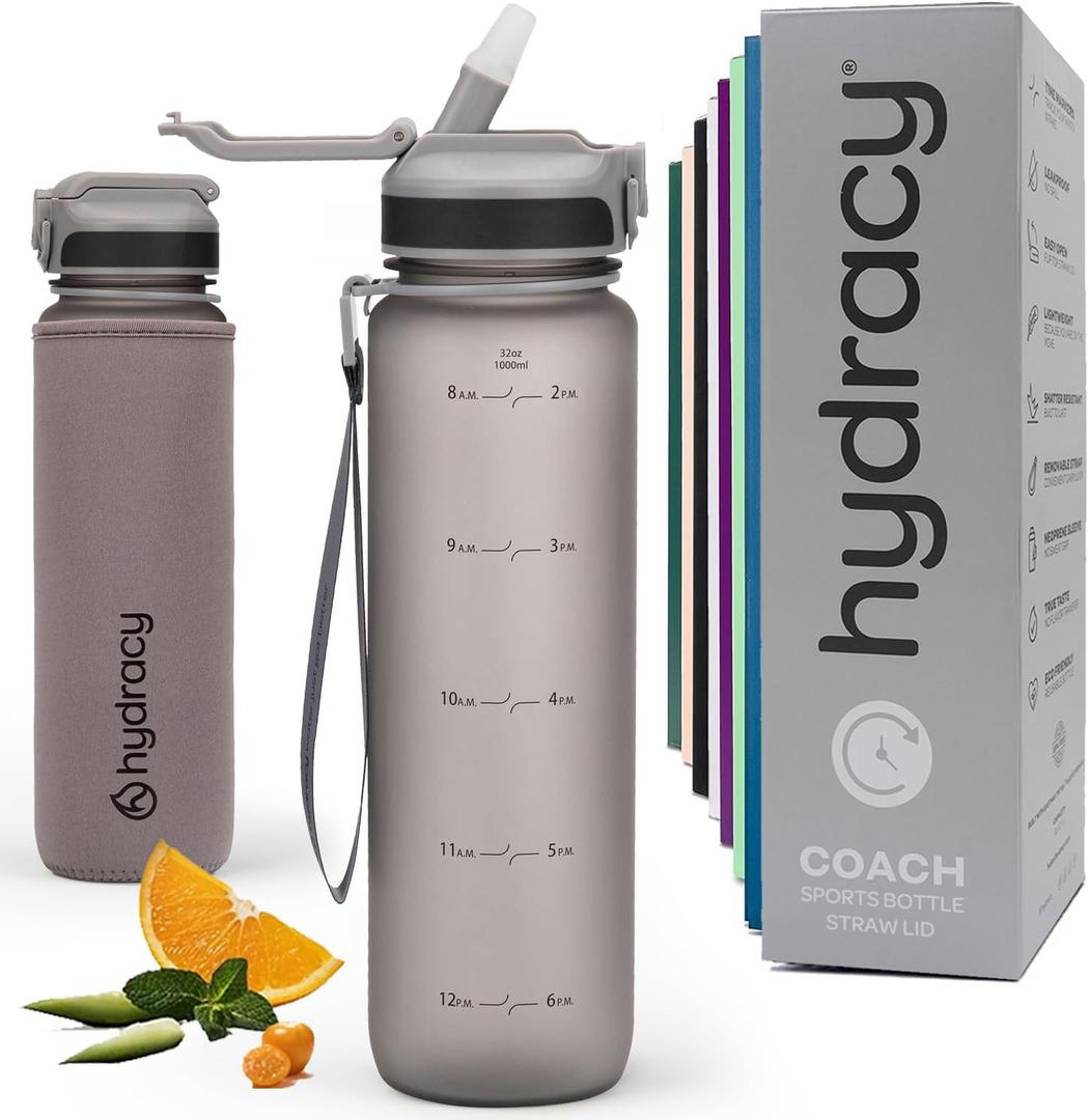 Hydracy Water Bottle with Time Marker -Large BPA Free Water Bottle & No Sweat Sleeve -Leak Proof Gym Bottle with Times to Drink - Ideal for Fitness Sports & Outdoors