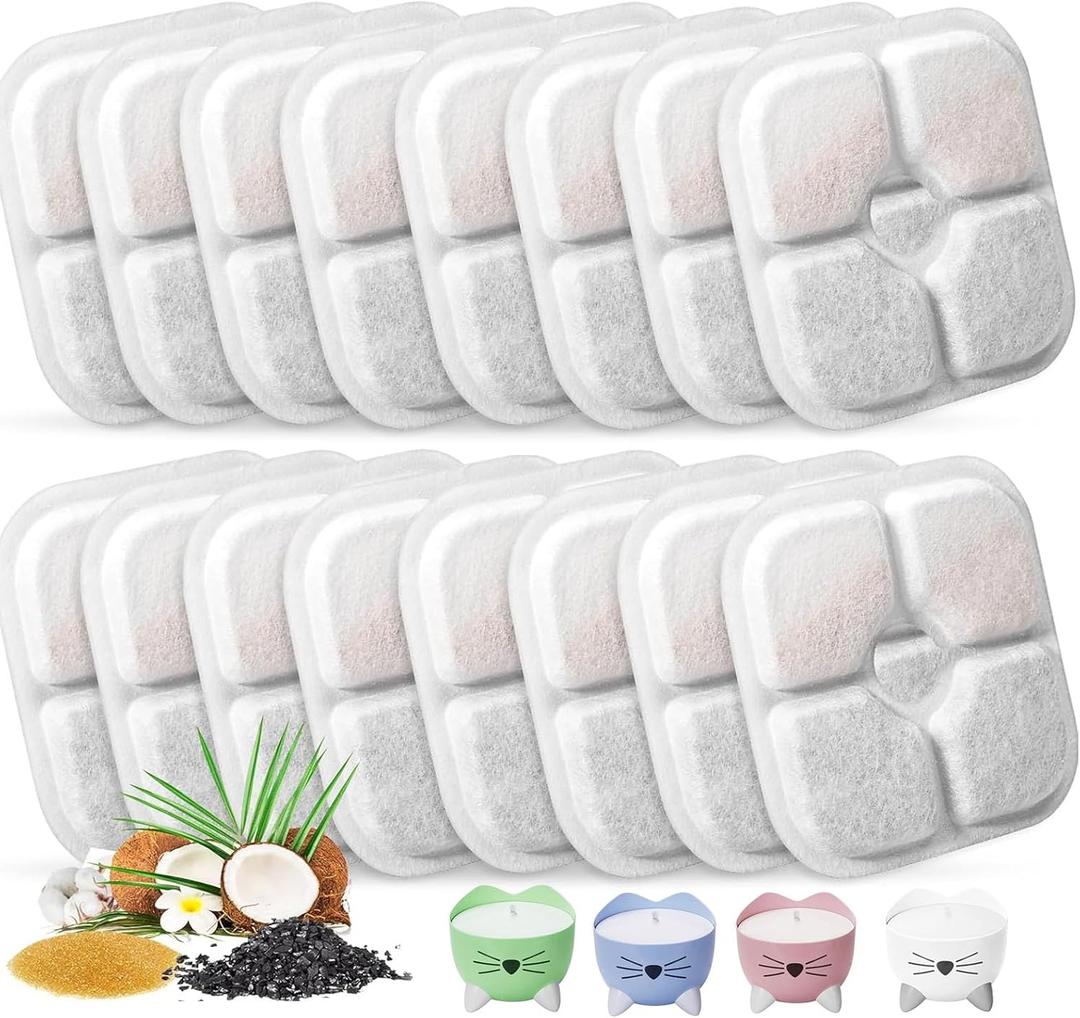 Cat Water Fountain Replacement Filters Fit for 2.5L Fountain with Whiskers Pattern Triple Action Water Pet Cat Drinking Fountain Filter Pack of 16