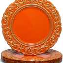 Orange Charger Plates with Gold Embossed Rim, 13 Inch Plastic Charger for Dinner, Party, Wedding, Table Setting. (Set of 6)