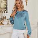 Bluetime Silk Blouses for Women Dressy Work Satin Dress Shirts Pleated Long Sleeve Business Casual Tops Fall Outfits (Blue, L)