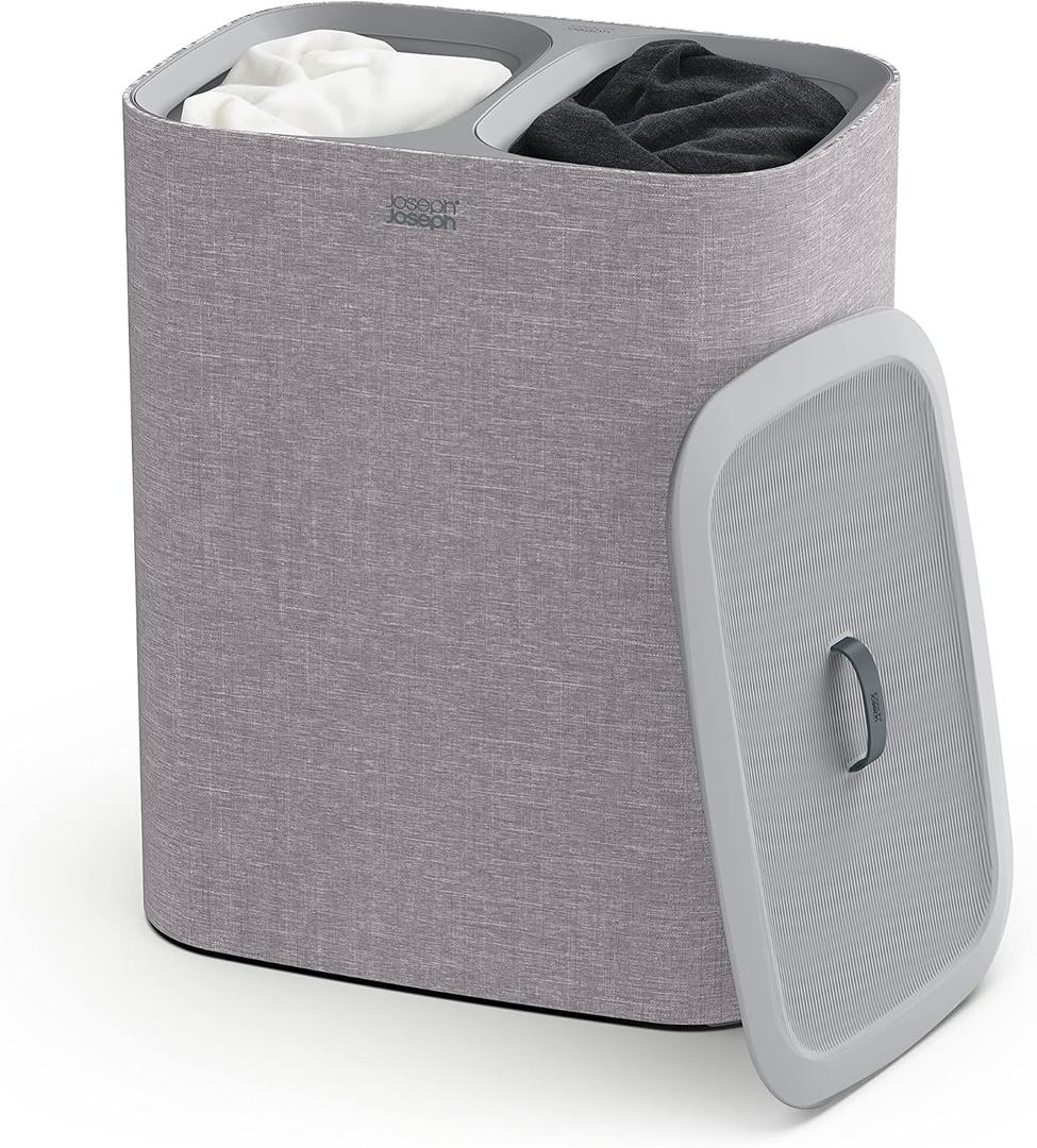 Joseph Joseph Tota 90 liter/23.8 gallon Laundry Hamper Separation Basket with lid, 2 Removable Washing Bags with Handles - Gray, Dual Compartment 90L
