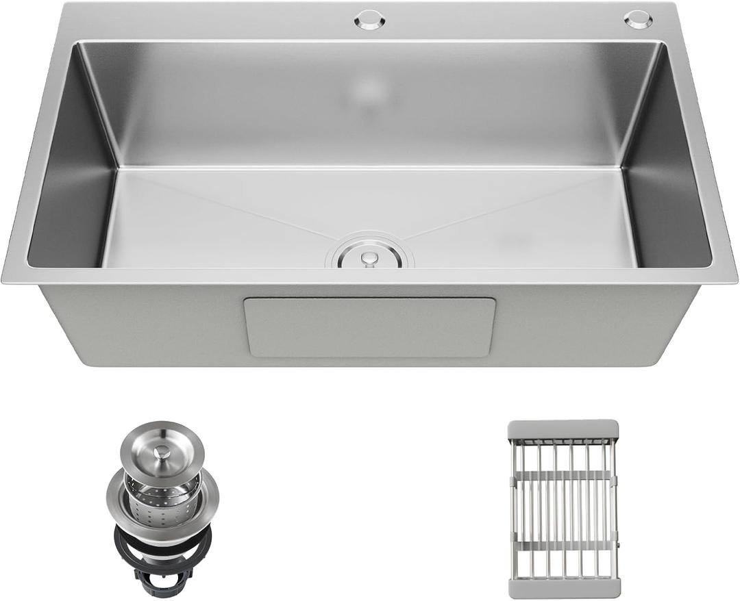 24-inch Single Bowl Kitchen Sink, Drop-in/Top-Mount Stainless Steel with Nano Coating, Includes Drain Kit & Fruit Basket, 24"x18"x8"