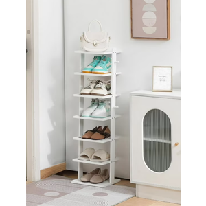 Varhomax White Shoe Rack, 7-Tier Bamboo Vertical Shoe Shelf for Small Spaces and Corner, Wooden Tall Shoe Tower with Hooks for Entryway