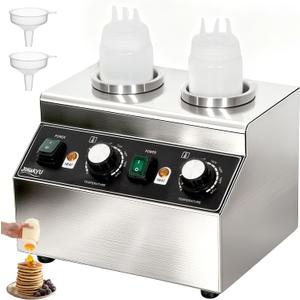 JOHAKYU Commercial Electric Sauce Warmer Dispenser Stainless Steel Countertop Hot Fudge/Nacho Cheese Warmer with 2650ml Squeeze Bottles and 2 Funnels, (2 Grids)