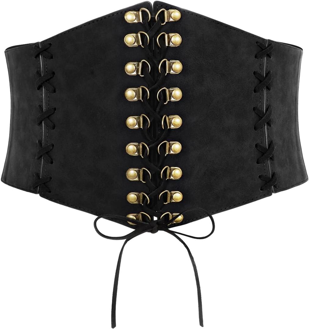 JASGOOD Women Wide Waist Belt Vintage Elastic Corset Belt Lace-up Tied Waspie Corset Belt for Dress Halloween Costume (Fit Waist Size 27"-30", Black)
