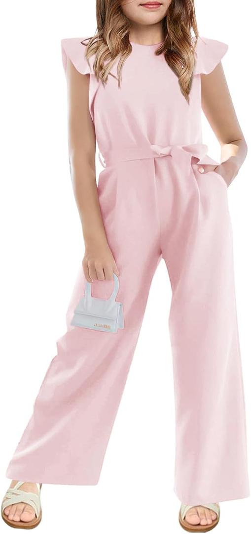 Girls Jumpsuit Kids Fashion Cap Sleeve Belted Wide Leg Romper Dressy One Piece Outfits with Pockets, 9-10 Years, Pink