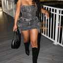 Women's Sexy 2 Piece Denim Outfits Off Shoulder Strapless Buttons Tops and Mini Cargo Skirts Club Sets (Black, S)