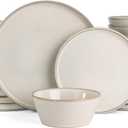 Famiware Plates and Bowls Sets, Annecy Stoneware Dinnerware Sets for 8, 24 Pieces Dish Set, Plate with Lip Edge, Reactive Glaze Tableware - Microwave & Dishwasher Safe, Grey-White