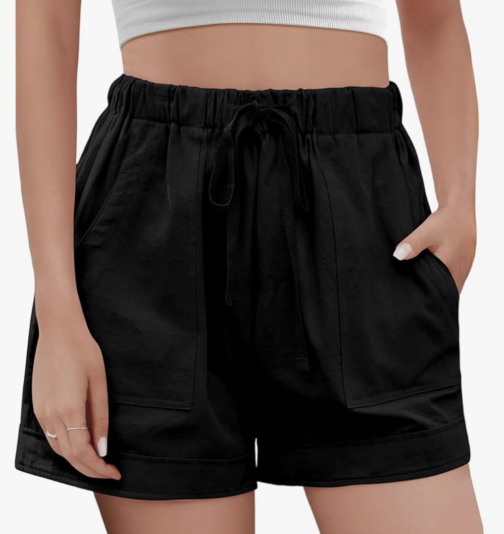 Buauty Womens Shorts, Flowy Shorts for Women Trendy, Linen Comfy Beach Elastic Waist Shorts for Casual Summer Dressy, L, Black