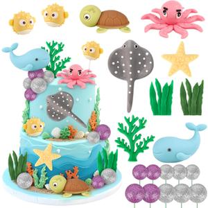 Hooqict 20Pcs Sea Ocean Cake Decorations Set with Mini Octopus, Turtle, Fish, Sealife, Under the Sea Cake Toppers for Underwater World Ocean Animals Theme Baby Shower Birthday Party Decorations