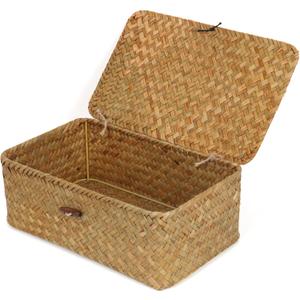 FEIALNDUO Wicker Shelf Baskets with Lid,Seagrass Storage Basket Bins Rectangular Handwoven Basket Boxes for Shelves Desktop Home Organizer (Natural, Small)