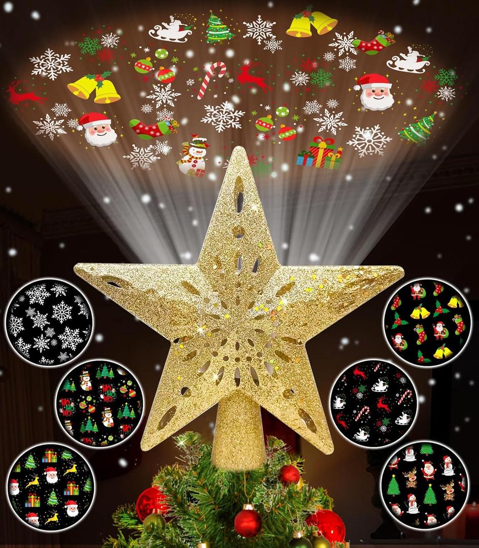 Christmas Tree Topper Lighted, Star Tree Topper with Projector Built-in LED Rotating Lights with 6 Projection Modes,3D Glitter Dynamic Projection Christmas Decorations (Gold)