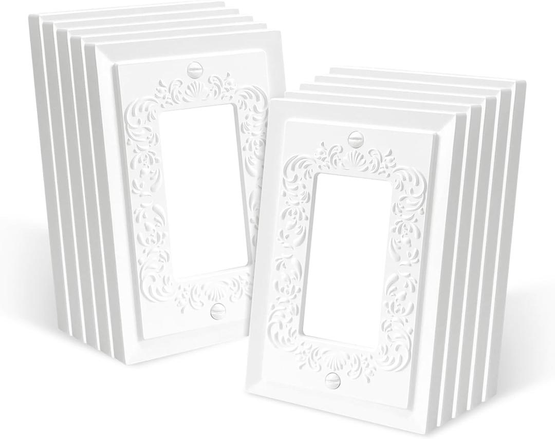 10 Pack Pure White Classic Petal Relief Design Style Decorative Outlet Covers, Light Switch Cover, Electrical Outlet Cover for Home Decor, 1 Gang Mid-Size 3.1''W*4.9''H