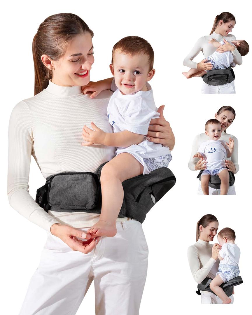 Baby Hip Seat Carrier, GROWNSY Ergonomic Hip Seat Baby Carrier with Multiple Pockets, Adjustable Extended Waistband for Newborns & Toddlers up to 50 lbs, Grey