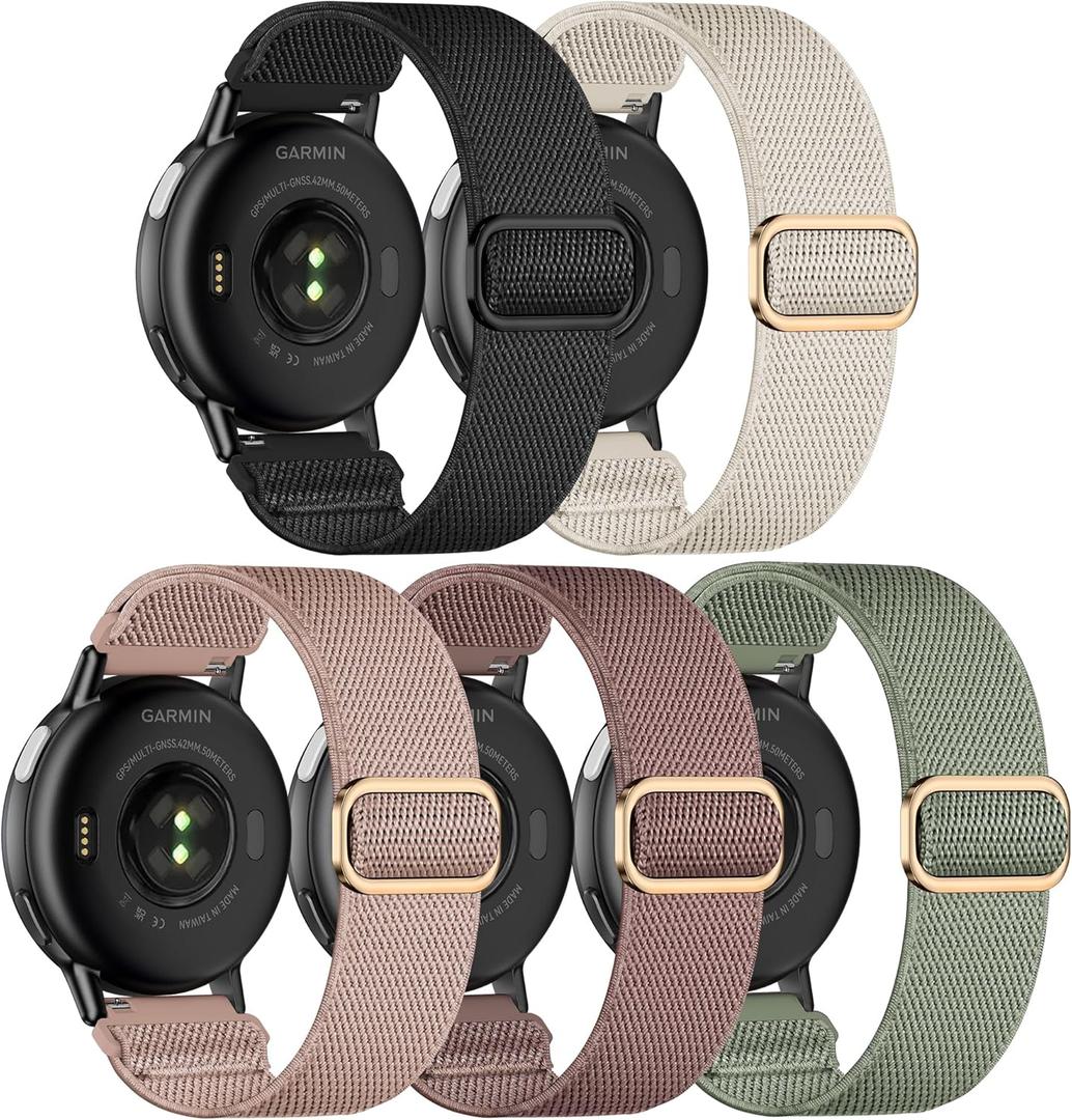 5 Pack Stretchy Nylon Watch Bands Compatible with Garmin Vivoactive 5/6/Forerunner 55/165,20mm Soft Elastic Fabric Adjustable Replacement Sport Straps for Garmin Venu Sq 2 Women Men (black/starlight/rose pink/cactus/smoke violet)