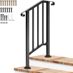 VIVOSUN Outdoor Handrail, 2 Step Stair Handrail, 26" x 36" Fits 1 to 2 Steps, Wrought Mattle Iron Stair Railing with Curved Ends and Balusters for Concrete Steps, Porch Steps, One-step Assembly, Black