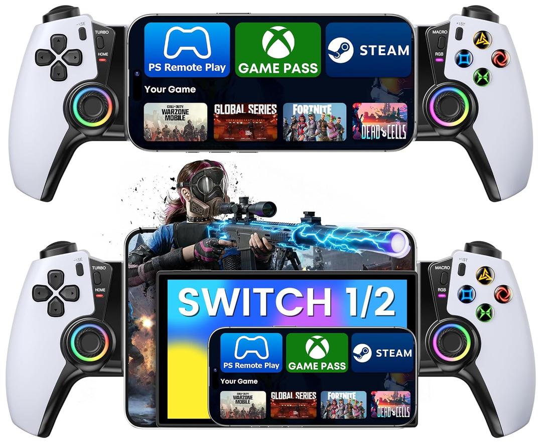 KICKDOT Mobile Gaming Controller for iPhone Android Switch, Hall Effect Joysticks Bluetooth Telescopic Gamepad with RGB Lighting, Programmable Back Buttons for PS Remote Play Xbox Cloud Gaming Steam Deck iPad Mini (Pure White-PS5 Layout)