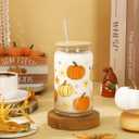 Whaline 2 Pack Fall Drinking Glasses 16oz Pumpkin Flower Star Glass Cup Orange Apricot Pumpkin Iced Coffee Cup with Lid Straw for Autumn Thanksgiving Cocktail Whiskey Beer Soda