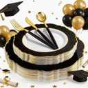 WDF 30Guest Black and Gold Plastic Plates - Gold Plastic Silverware With Black Handle Baroque Black and Gold Disposable Dinnerware for Graduation/Wedding/Party/Birthday (large and small)