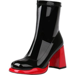 Mofirdast Gogo Boots Platform Chunky Heel Ankle Boots for Women, Square Toe Mid Calf Boots with Side Zippers for Party, Cosplay, or Dance (8.5, Red)