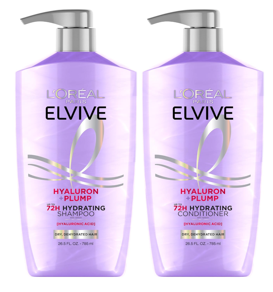 L'Oreal Paris Elvive Hyaluron Plump Shampoo and Conditioner Set for Dehydrated, Dry Hair with Hyaluronic Acid Care Complex, 1 Kit (2 Products)