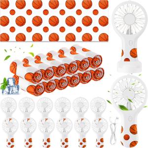 Woanger 24 Pcs Basketball Cooling Towels and Fans Sets Mini Handheld Fans Bulk 3 Speeds USB Lash Towel for Sporting Basketball Gifts for Team Games Party Favor