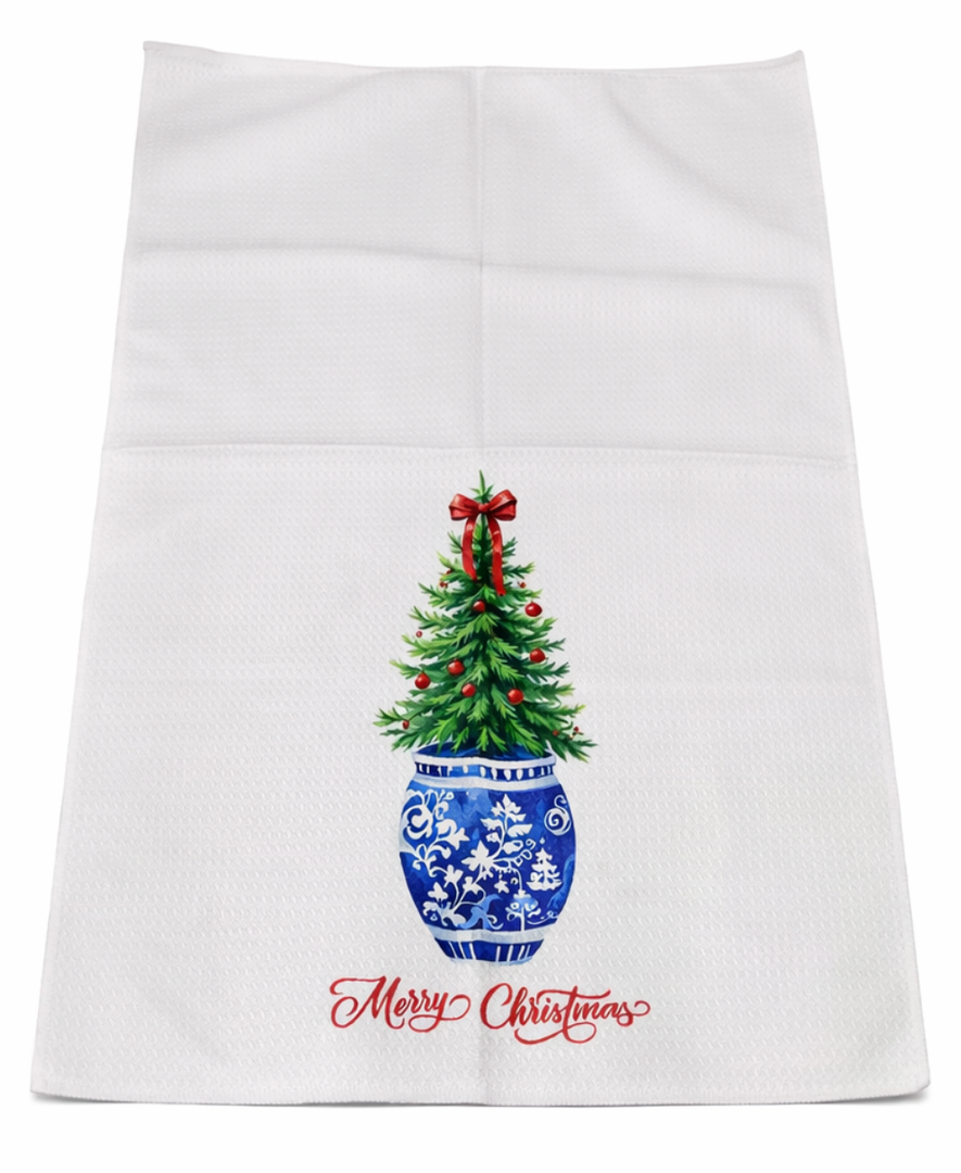 OTOUO Chinoiserie Christmas Kitchen Towels, Blue and White Chinoiserie Decor Christmas Tree Hand Towels, Coquette Red Bow Christmas Dish Towels Tea Towels, Grandmillennial Home Decor, 16x24 Inch Pack of 3