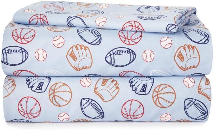 Heritage Kids 3-Piece Twin Bedding Set,Sports Print in Blue, Includes Top Cover, Fitted Sheet & Pillowcase,Soft & Cozy Kids Bed Set