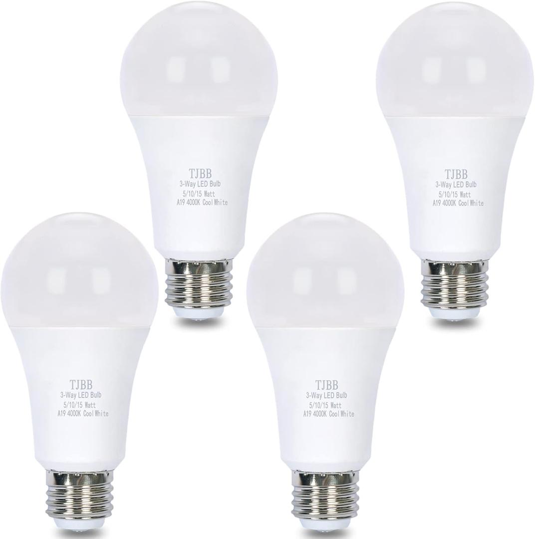 TJBB 4 Pack A19 E26 3-Way LED Light Bulbs, 5W=50W / 10W=100W / 15W=150W Equivalent, 4000K Cool White, 700/1400/2100 Lumens, Three Way Energy Saving Bulbs Non-Dimmable