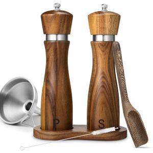 2 Pack Acacia Wood Salt and Pepper Grinder Set 8 Manual Mills with Adjustable Ceramic Core, Stainless Steel, Tray, Spoon, Brush & Funnel Rustic Wooden Gift Set for Kitchen or Table