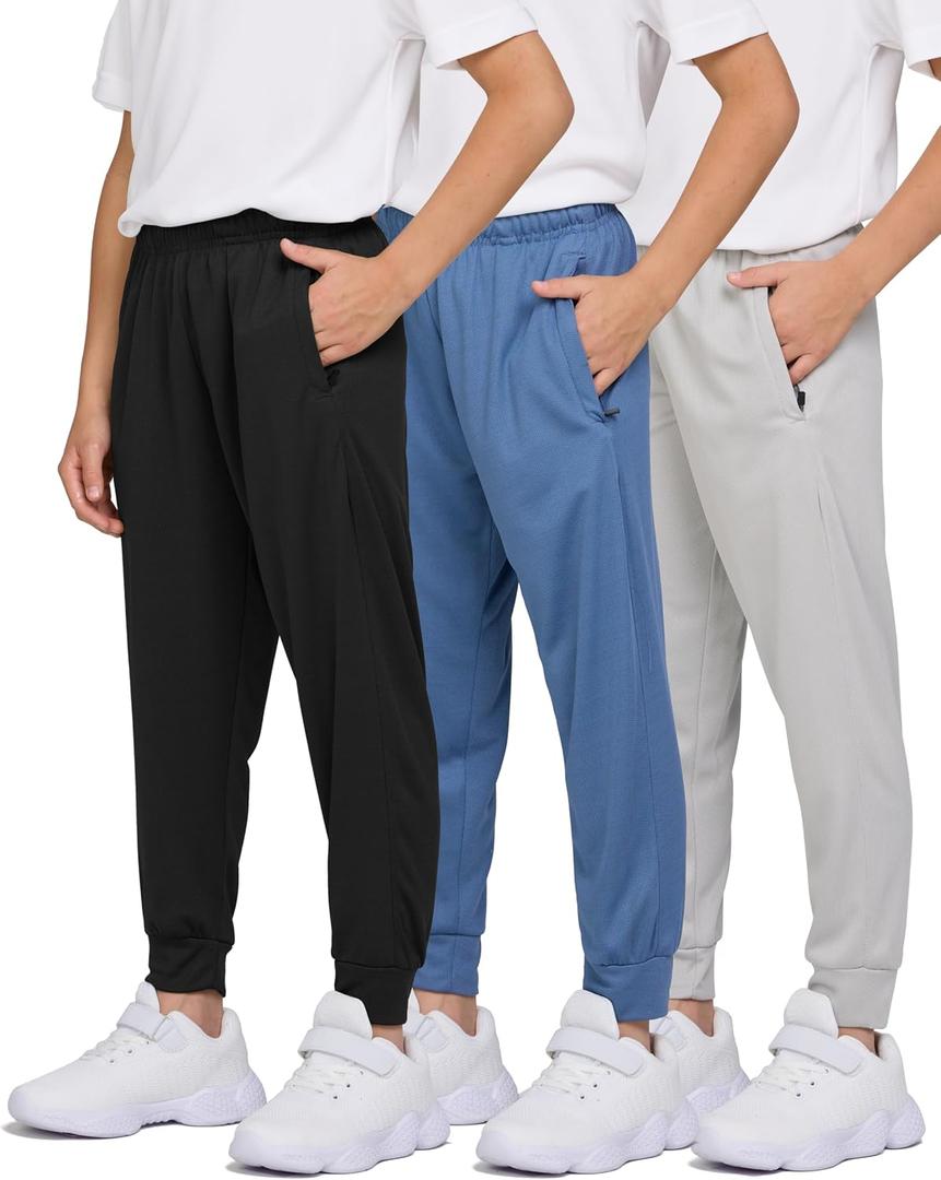 PURE CHAMP 3 Pack Boys Sweatpants Mesh Lightweight Kids Clothes with Zipper Pockets Active Quick-Dry Boys Pants Sizes 4-20 (S)