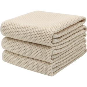 Mia's Dream Soft Absorbent Cotton Waffle Weave Kitchen Dish Cloth Washcloth, 13x28 inch 3 Pack (Beige)