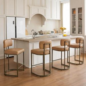 26" H Counter Height Bar Stools Set of 4, Modern Faux Leather Upholstered Barstools with Backrest for Kitchen Island, Gold Metal Frames, Brown