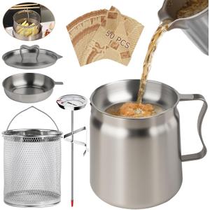 6 PCS 2L Oil Filter Pot Bacon Grease Saver with Strainer,68oz Large Capacity Fryer Pot with Basket,Cooking Thermometer & 50 Wax Papers,Stainless Steel Fryer for Kitchen Camping