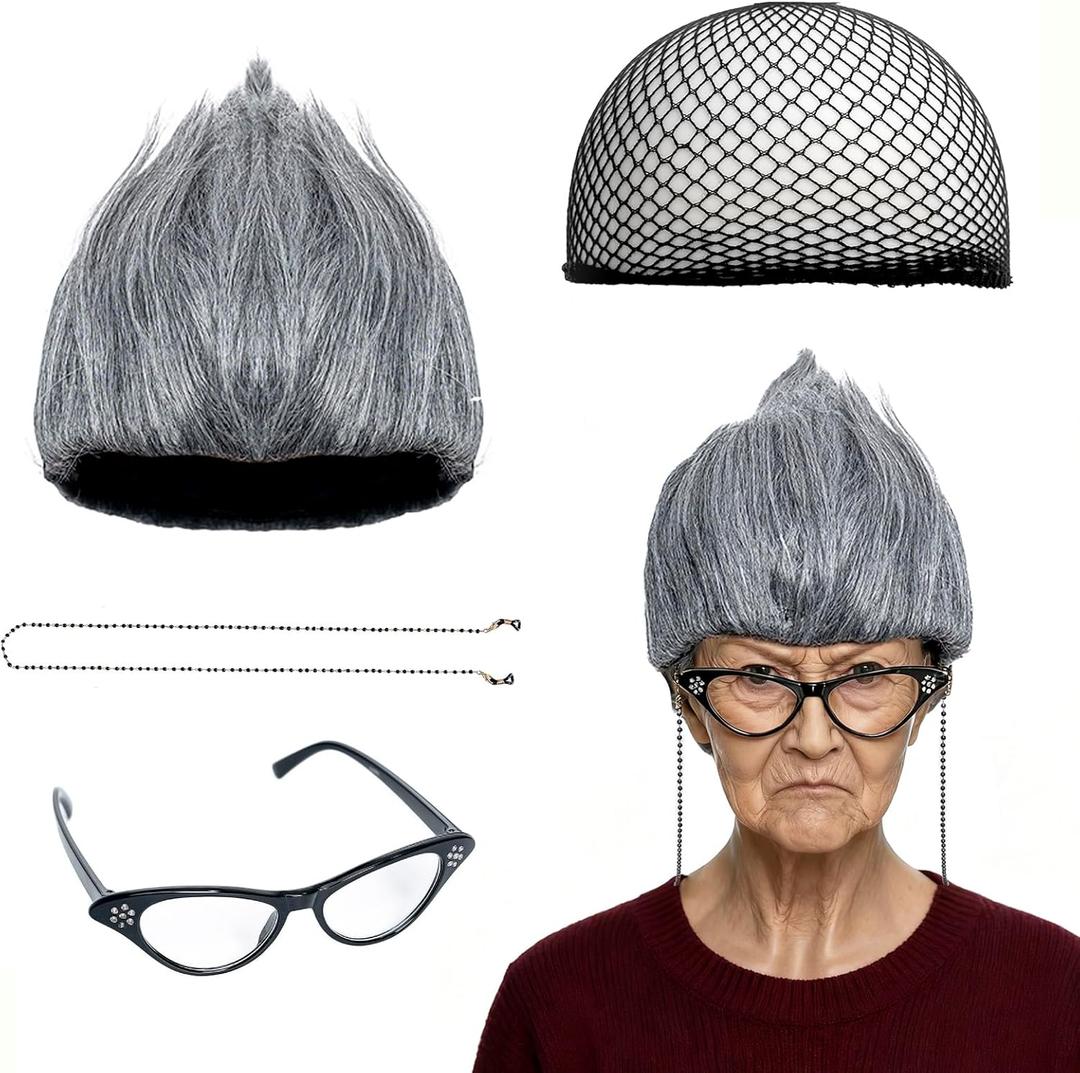 QACCF Halloween Costume Old Lady Costume Gray Wig with Beaded Necklace Chain Cat Eye Glasses